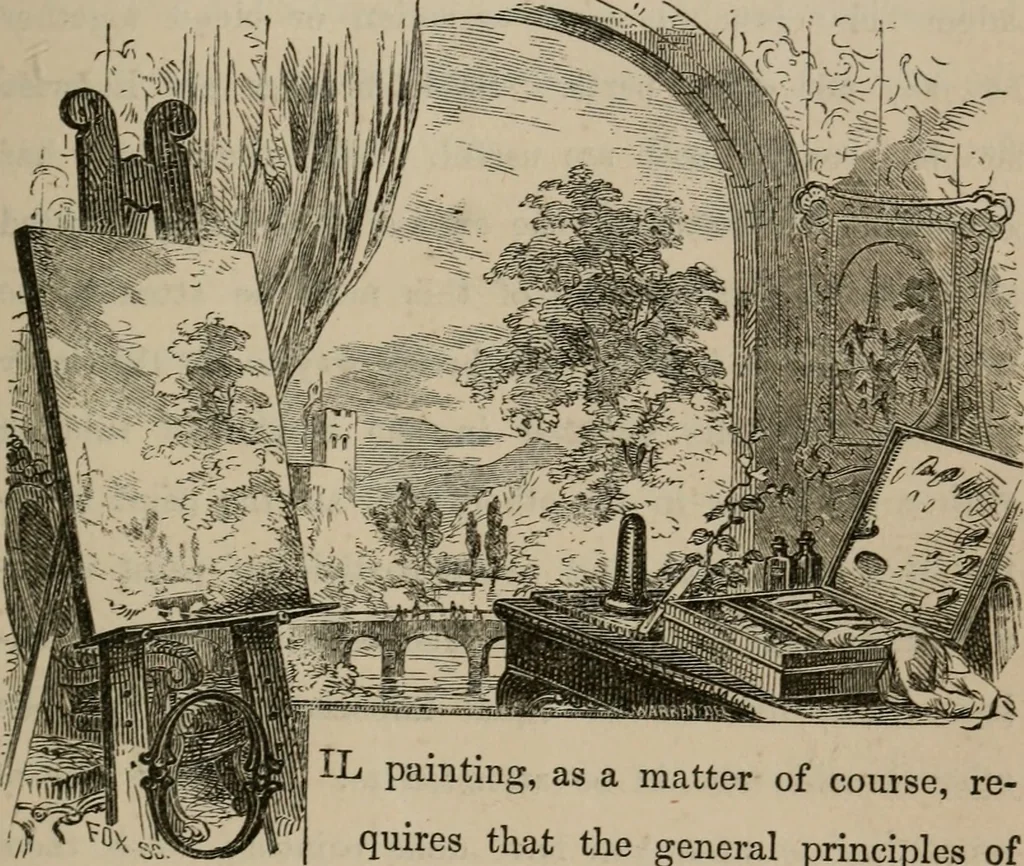 An illustration from Art recreations; being a complete guide to pencil drawing, oil painting, water-color painting, crayon drawing and painting, painting on ground glass, Grecian painting, antique painting, oriental painting, sign painting, theorem painting, ferneries, moss work, papier mache, cone work, feather flowers, potichomanie, leather work, hair work, taxidermy, gilding and bronzing, plaster work, decalcomanie, wax work, shell work, magic lantern, paper flowers, imitation of pearl, the aquqrium, sealing-wax painting, panorama painting, coloring photographs, enamel painting, etc., 1873, leaf 56