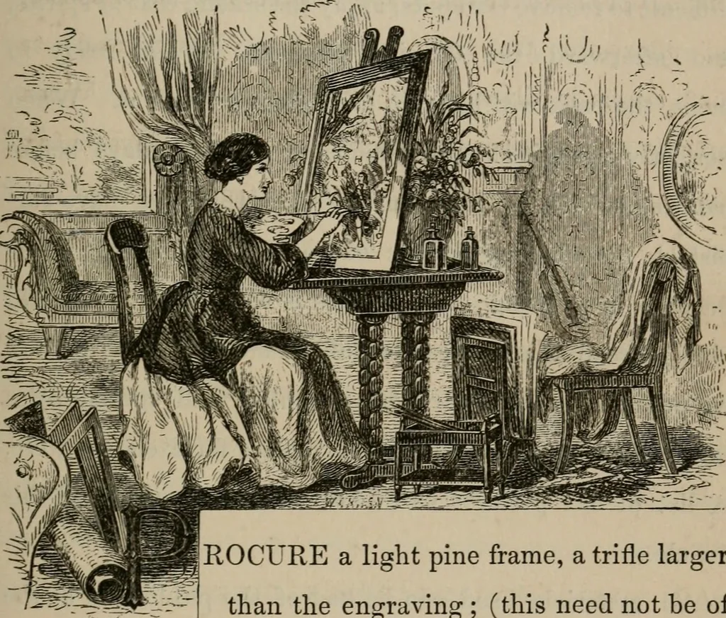 An illustration from Art recreations; being a complete guide to pencil drawing, oil painting, water-color painting, crayon drawing and painting, painting on ground glass, Grecian painting, antique painting, oriental painting, sign painting, theorem painting, ferneries, moss work, papier mache, cone work, feather flowers, potichomanie, leather work, hair work, taxidermy, gilding and bronzing, plaster work, decalcomanie, wax work, shell work, magic lantern, paper flowers, imitation of pearl, the aquqrium, sealing-wax painting, panorama painting, coloring photographs, enamel painting, etc., 1873, leaf 80