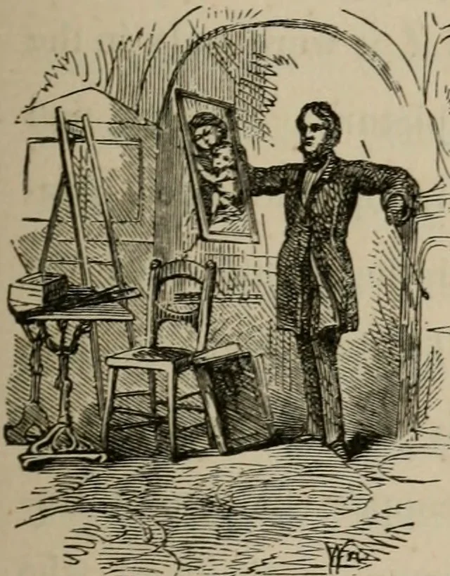 An illustration from Art recreations; being a complete guide to pencil drawing, oil painting, water-color painting, crayon drawing and painting, painting on ground glass, Grecian painting, antique painting, oriental painting, sign painting, theorem painting, ferneries, moss work, papier mache, cone work, feather flowers, potichomanie, leather work, hair work, taxidermy, gilding and bronzing, plaster work, decalcomanie, wax work, shell work, magic lantern, paper flowers, imitation of pearl, the aquqrium, sealing-wax painting, panorama painting, coloring photographs, enamel painting, etc., 1873, leaf 84