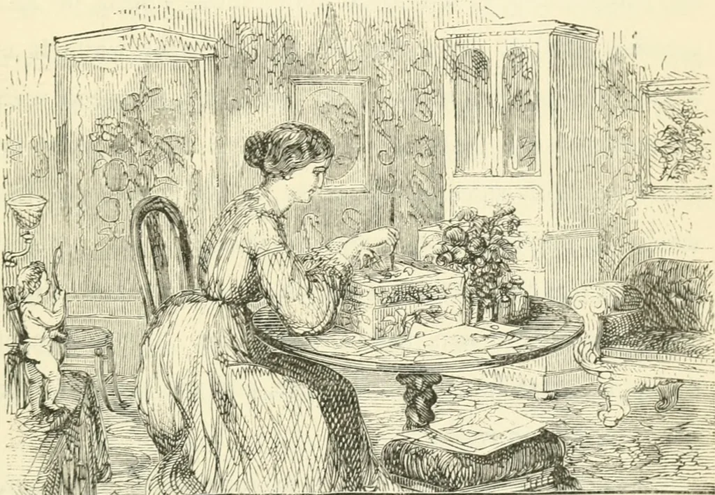 An illustration from Art recreations : being a complete guide to pencil drawing, oil painting ... moss work, papier mache...wax work, shell work...enamel painting, etc., 1871, leaf 152