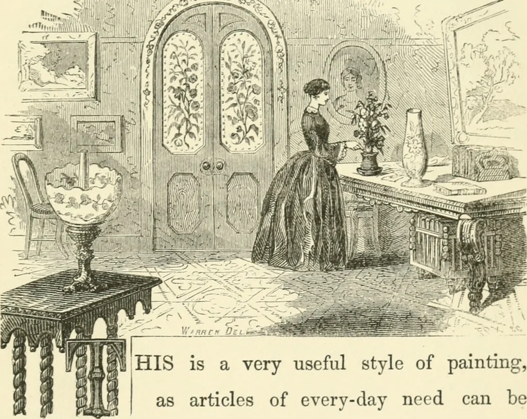 An illustration from Art recreations : being a complete guide to pencil drawing, oil painting ... moss work, papier mache...wax work, shell work...enamel painting, etc., 1871, leaf 222