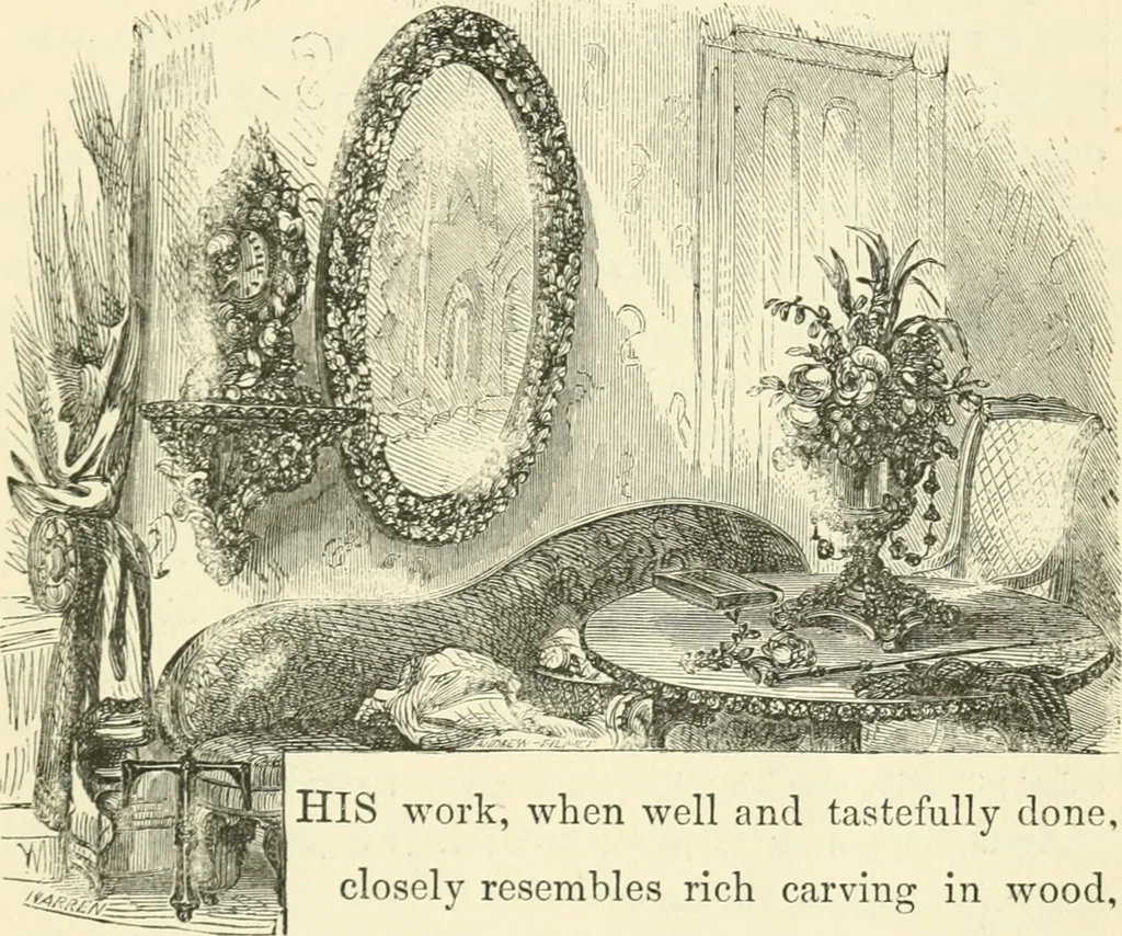 An illustration from Art recreations : being a complete guide to pencil drawing, oil painting ... moss work, papier mache...wax work, shell work...enamel painting, etc., 1871, leaf 248