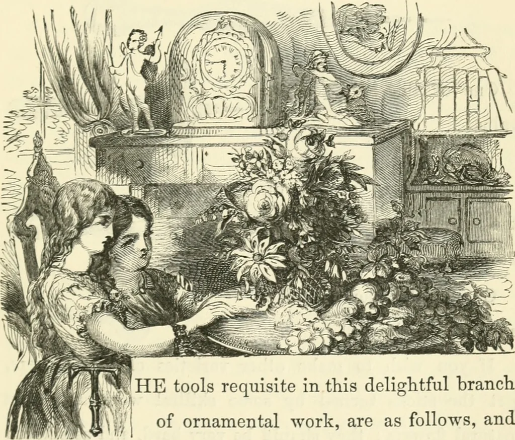 An illustration from Art recreations : being a complete guide to pencil drawing, oil painting ... moss work, papier mache...wax work, shell work...enamel painting, etc., 1871, leaf 272