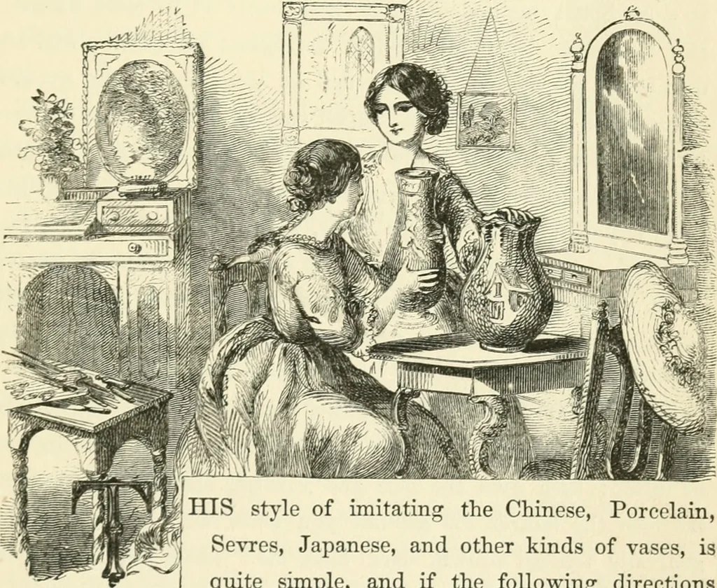 An illustration from Art recreations : being a complete guide to pencil drawing, oil painting ... moss work, papier mache...wax work, shell work...enamel painting, etc., 1871, leaf 314