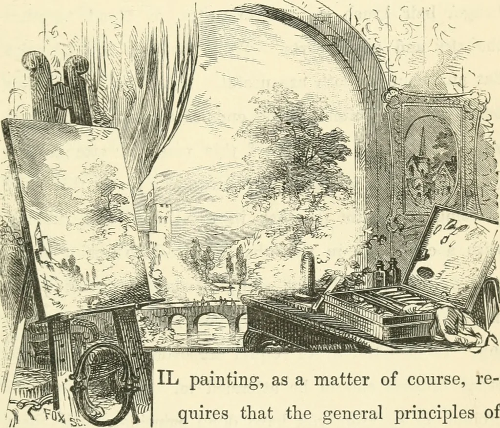 An illustration from Art recreations : being a complete guide to pencil drawing, oil painting ... moss work, papier mache...wax work, shell work...enamel painting, etc., 1871, leaf 60