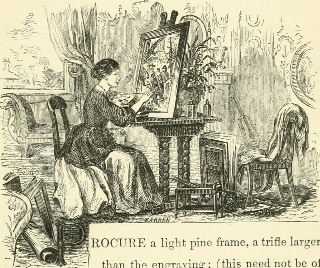 An illustration from Art recreations : being a complete guide to pencil drawing, oil painting ... moss work, papier mache...wax work, shell work...enamel painting, etc., 1871, leaf 84