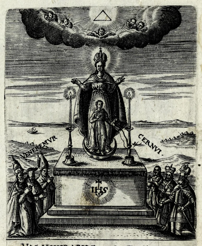 An illustration from Asma poeticum Litaniaru[m] Lauretanarum : [in quo singulis titulis emblemata cum carmine respondent], 1636, leaf 77