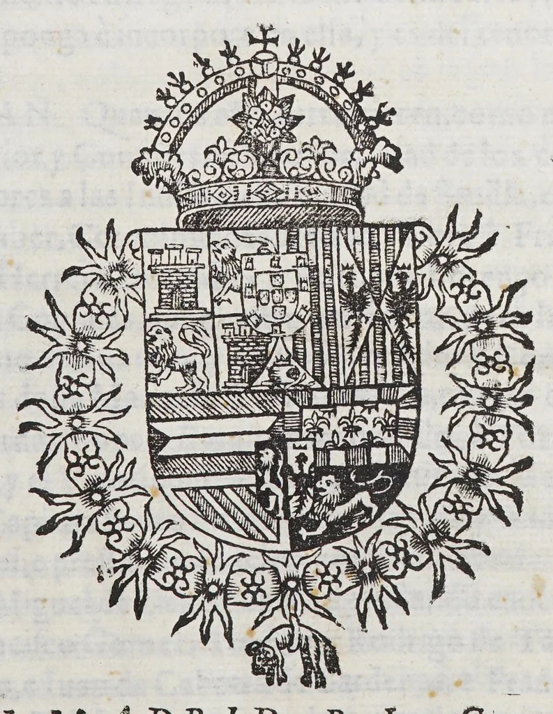 An illustration from Assiento y capitulacion, : que los señores presidente, y del Consejo Real de las Indias tomaron co[n] Adriano de Legaso, por si y en nombre del prior y consules de la Vniversidad de los Cargadores a las Indias de la ciudad de Seuilla, y demas personas interresadas en el comercio dellas, sobre a cobrança y administracio[n] del derecho de la aueria, y despacho de las armada y flotas de las Indias, por tiempo de seis años que començaràn a correr desde principio del venidero de 1628 y se cumpliràn en fin del de 633., 1627, leaf 11