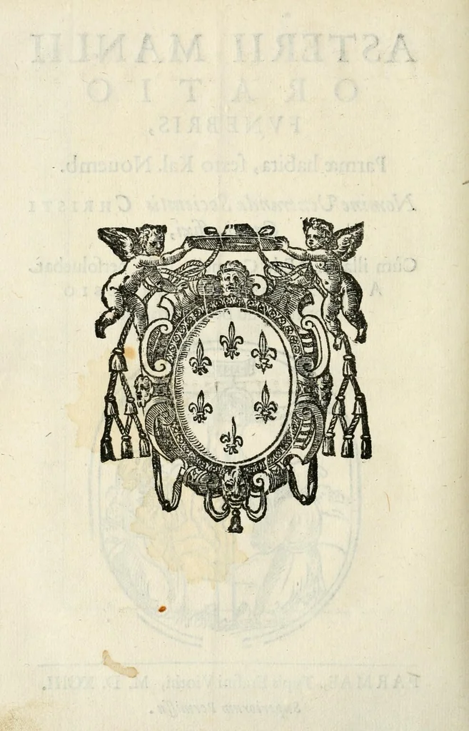 An illustration from Asterii Manlii oratio fvnebris : Parmae habita, sexto kal. Nouemb. nomine venerandae Societatis Christi Cruci affixi, cùm illa in aede carmelit. iusta persoluebat Alexandro Farnesio fortiss. apud Belgas proregi, 1593, leaf 4