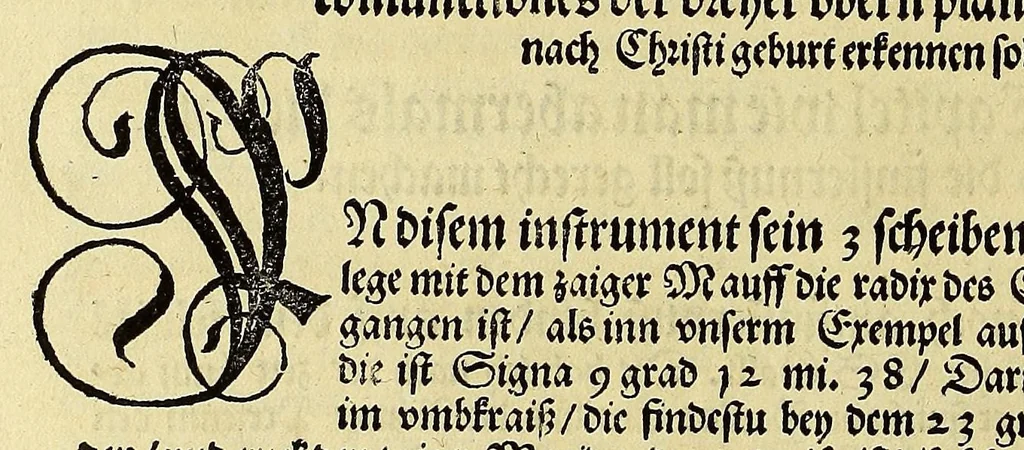 An illustration from Astronomicum cäsareum : =Eine grüntliche Ausslegung des Buchs Astronomici cäsarei, vnd seiner Instrument, darinne dess gantzen Hymmels Lauff on alle Rechnung, vnd Kopfbrechen: zu ewigen Zeytten: mit sampt den Finsternussen gefunden wirdt:, 1540, leaf 34