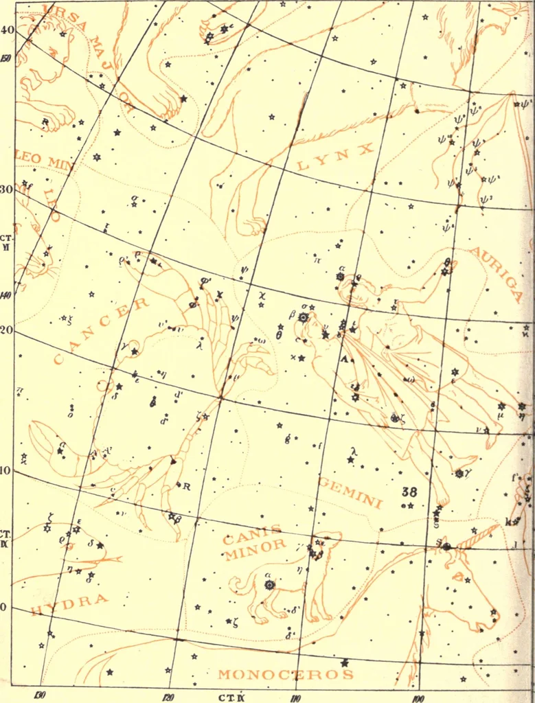 An illustration from Astronomy with the naked eye; a new geography of the heavens, with descriptions and charts of constellations, stars, and planets, 1908, leaf 117