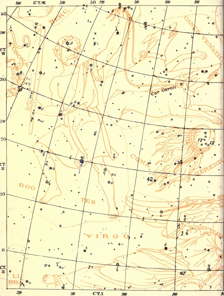 An illustration from Astronomy with the naked eye; a new geography of the heavens, with descriptions and charts of constellations, stars, and planets, 1908, leaf 131