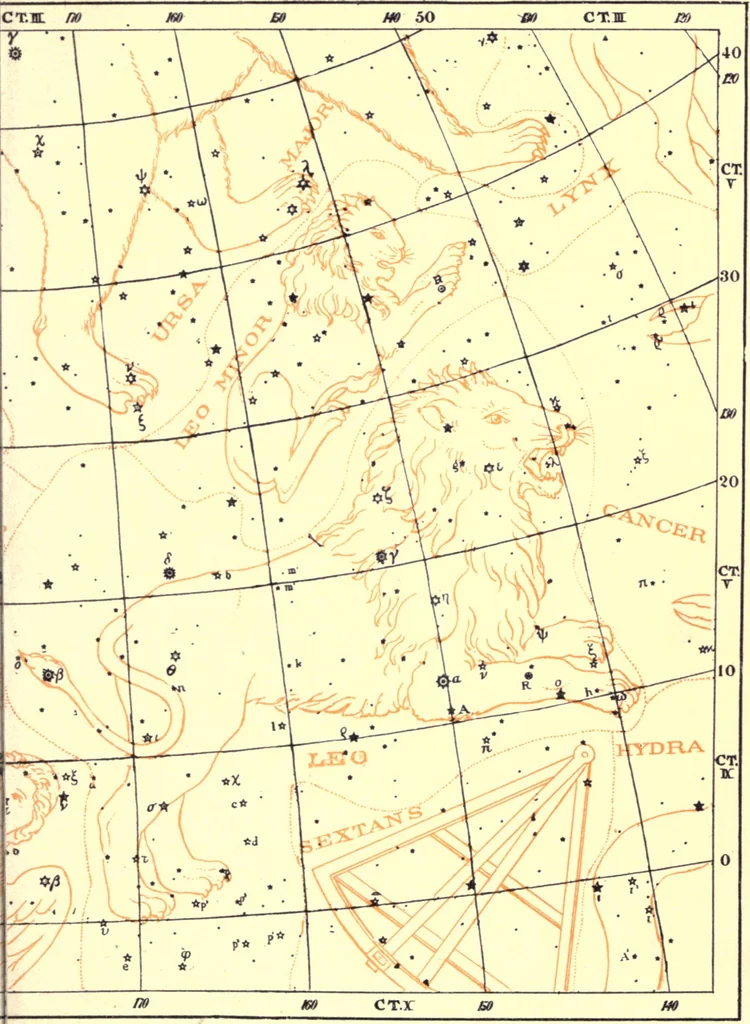 An illustration from Astronomy with the naked eye; a new geography of the heavens, with descriptions and charts of constellations, stars, and planets, 1908, leaf 132