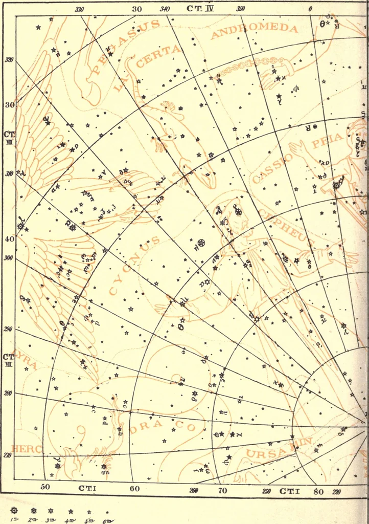 An illustration from Astronomy with the naked eye; a new geography of the heavens, with descriptions and charts of constellations, stars, and planets, 1908, leaf 69