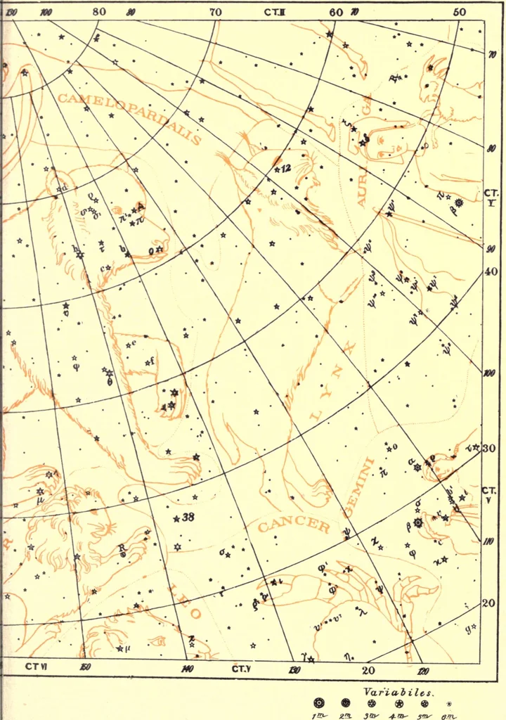 An illustration from Astronomy with the naked eye; a new geography of the heavens, with descriptions and charts of constellations, stars, and planets, 1908, leaf 90