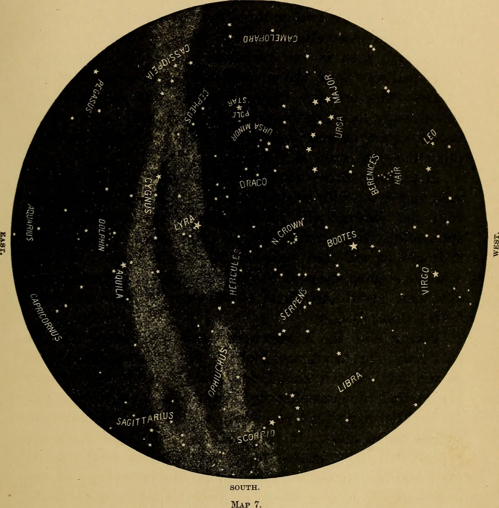 An illustration from Astronomy with an opera-glass: a popular introduction to the study of the starry heavens with the simplest of optical instruments, with maps and directions to facilitate the recognition of the constellations and the principal stars visible to the naked eye;, 1888, leaf 42