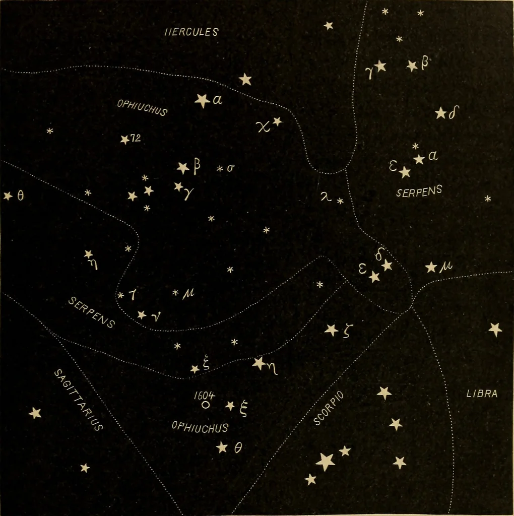 An illustration from Astronomy with an opera-glass: a popular introduction to the study of the starry heavens with the simplest of optical instruments, with maps and directions to facilitate the recognition of the constellations and the principal stars visible to the naked eye;, 1888, leaf 52