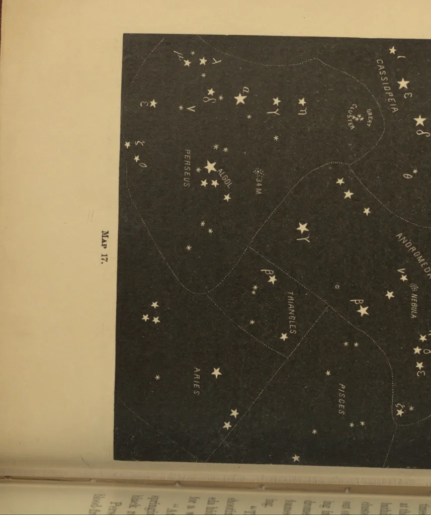 An illustration from Astronomy with an opera-glass: a popular introduction to the study of the starry heavens with the simplest of optical instruments, with maps and directions to facilitate the recognition of the constellations and the principal stars, visible to the naked eye, 1890, leaf 87