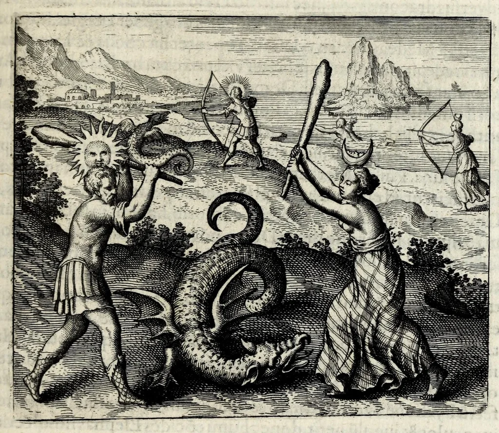 An illustration from Atalanta fugiens, hoc est, Emblemata nova de secretis naturae chymica : accomodata partim oculis & intellectui, figuris cupro incisis, adjectisque sententiis, epigrammatis & notis, partim auribus & recreationi animi plus minus 50 fugis musicalibus trium vocum, quarum duae ad unam simplicem melodiam distichis canendis peraptam, correspondeant, non abs[que] singulari jucunditate videnda, legenda, meditanda, intelligenda, dijudicanda, canenda & audienda, 1618, leaf 117
