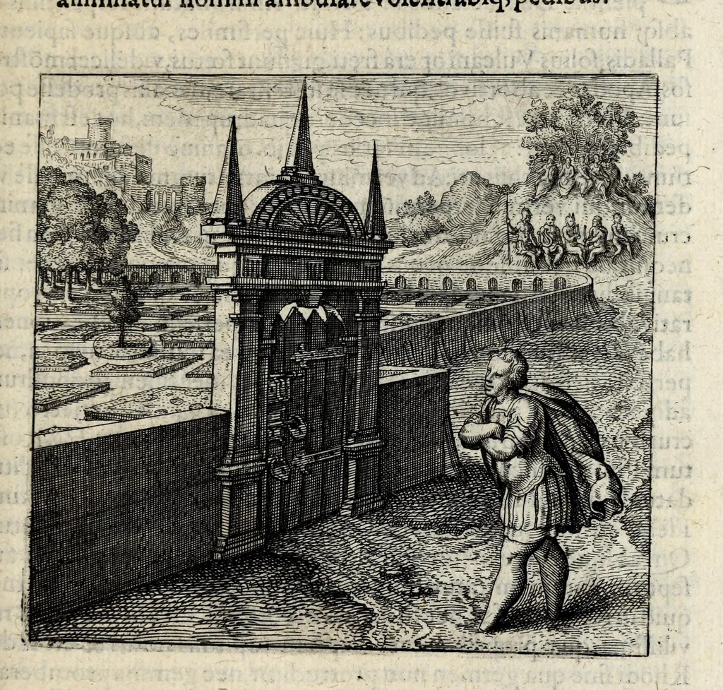 An illustration from Atalanta fugiens, hoc est, Emblemata nova de secretis naturae chymica : accomodata partim oculis & intellectui, figuris cupro incisis, adjectisque sententiis, epigrammatis & notis, partim auribus & recreationi animi plus minus 50 fugis musicalibus trium vocum, quarum duae ad unam simplicem melodiam distichis canendis peraptam, correspondeant, non abs[que] singulari jucunditate videnda, legenda, meditanda, intelligenda, dijudicanda, canenda & audienda, 1618, leaf 125