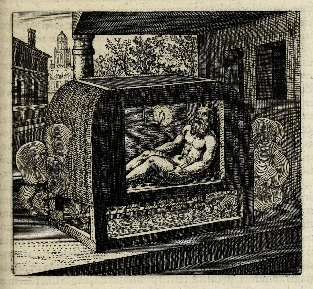 An illustration from Atalanta fugiens, hoc est, Emblemata nova de secretis naturae chymica : accomodata partim oculis & intellectui, figuris cupro incisis, adjectisque sententiis, epigrammatis & notis, partim auribus & recreationi animi plus minus 50 fugis musicalibus trium vocum, quarum duae ad unam simplicem melodiam distichis canendis peraptam, correspondeant, non abs[que] singulari jucunditate videnda, legenda, meditanda, intelligenda, dijudicanda, canenda & audienda, 1618, leaf 129