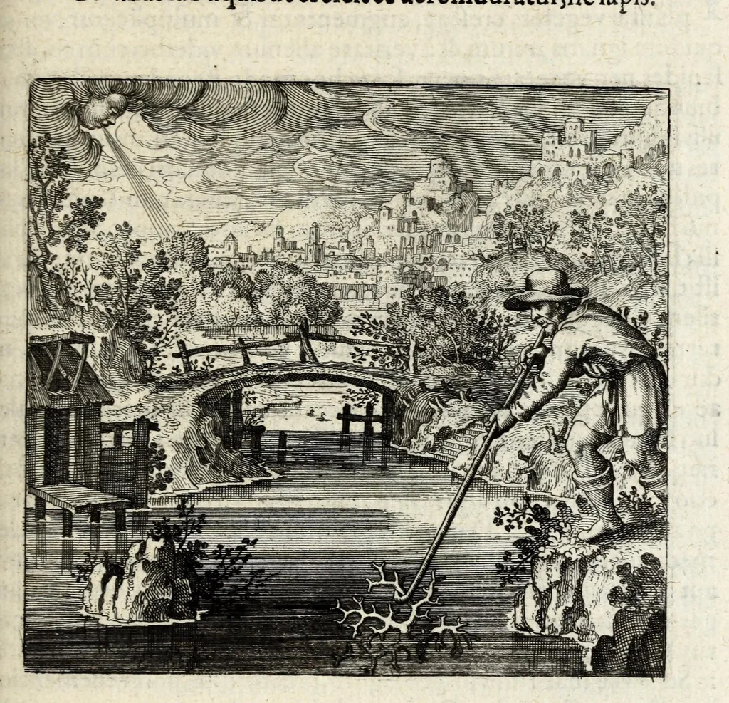 An illustration from Atalanta fugiens, hoc est, Emblemata nova de secretis naturae chymica : accomodata partim oculis & intellectui, figuris cupro incisis, adjectisque sententiis, epigrammatis & notis, partim auribus & recreationi animi plus minus 50 fugis musicalibus trium vocum, quarum duae ad unam simplicem melodiam distichis canendis peraptam, correspondeant, non abs[que] singulari jucunditate videnda, legenda, meditanda, intelligenda, dijudicanda, canenda & audienda, 1618, leaf 145