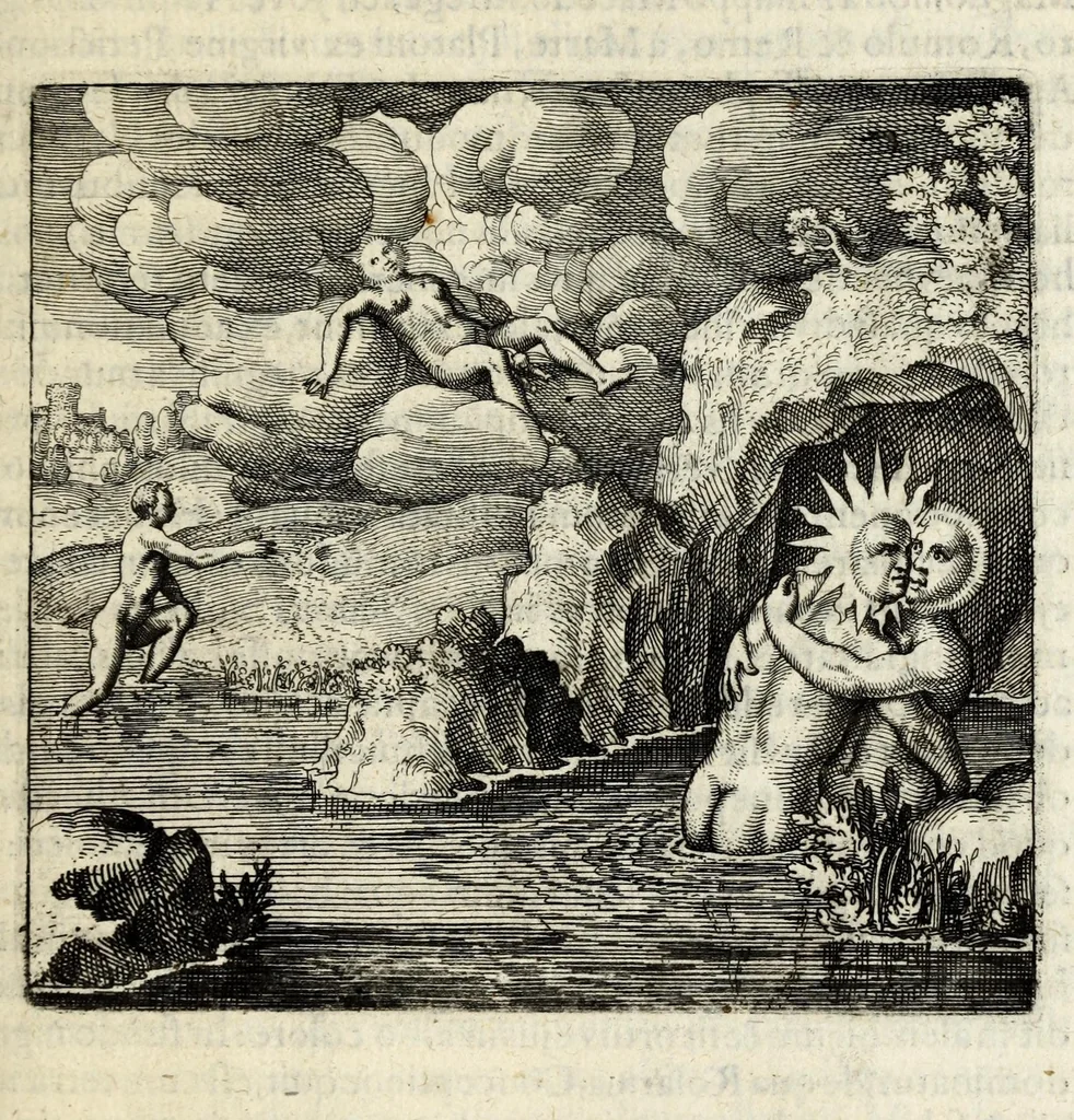 An illustration from Atalanta fugiens, hoc est, Emblemata nova de secretis naturae chymica : accomodata partim oculis & intellectui, figuris cupro incisis, adjectisque sententiis, epigrammatis & notis, partim auribus & recreationi animi plus minus 50 fugis musicalibus trium vocum, quarum duae ad unam simplicem melodiam distichis canendis peraptam, correspondeant, non abs[que] singulari jucunditate videnda, legenda, meditanda, intelligenda, dijudicanda, canenda & audienda, 1618, leaf 153