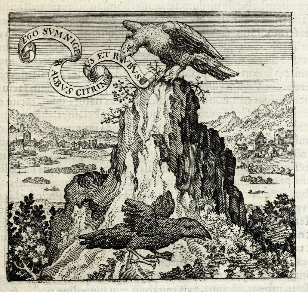 An illustration from Atalanta fugiens, hoc est, Emblemata nova de secretis naturae chymica : accomodata partim oculis & intellectui, figuris cupro incisis, adjectisque sententiis, epigrammatis & notis, partim auribus & recreationi animi plus minus 50 fugis musicalibus trium vocum, quarum duae ad unam simplicem melodiam distichis canendis peraptam, correspondeant, non abs[que] singulari jucunditate videnda, legenda, meditanda, intelligenda, dijudicanda, canenda & audienda, 1618, leaf 189