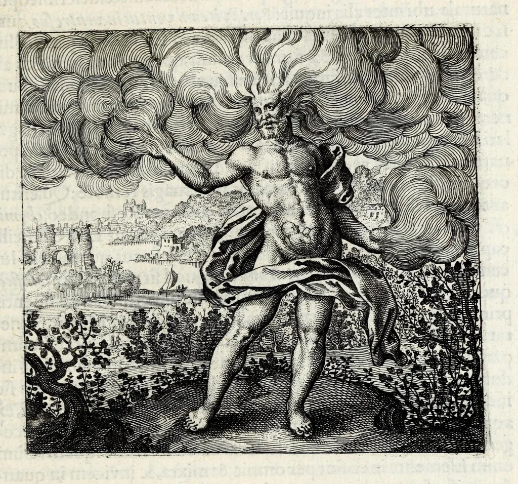 An illustration from Atalanta fugiens, hoc est, Emblemata nova de secretis naturae chymica : accomodata partim oculis & intellectui, figuris cupro incisis, adjectisque sententiis, epigrammatis & notis, partim auribus & recreationi animi plus minus 50 fugis musicalibus trium vocum, quarum duae ad unam simplicem melodiam distichis canendis peraptam, correspondeant, non abs[que] singulari jucunditate videnda, legenda, meditanda, intelligenda, dijudicanda, canenda & audienda, 1618, leaf 21