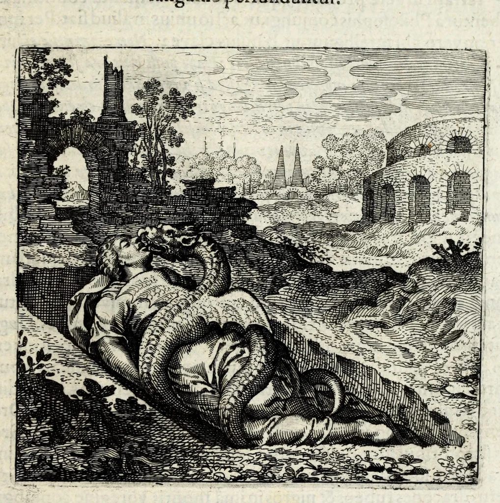 An illustration from Atalanta fugiens, hoc est, Emblemata nova de secretis naturae chymica : accomodata partim oculis & intellectui, figuris cupro incisis, adjectisque sententiis, epigrammatis & notis, partim auribus & recreationi animi plus minus 50 fugis musicalibus trium vocum, quarum duae ad unam simplicem melodiam distichis canendis peraptam, correspondeant, non abs[que] singulari jucunditate videnda, legenda, meditanda, intelligenda, dijudicanda, canenda & audienda, 1618, leaf 217
