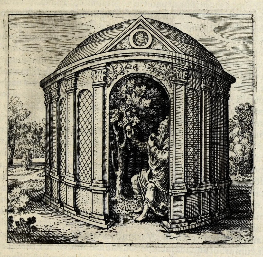 An illustration from Atalanta fugiens, hoc est, Emblemata nova de secretis naturae chymica : accomodata partim oculis & intellectui, figuris cupro incisis, adjectisque sententiis, epigrammatis & notis, partim auribus & recreationi animi plus minus 50 fugis musicalibus trium vocum, quarum duae ad unam simplicem melodiam distichis canendis peraptam, correspondeant, non abs[que] singulari jucunditate videnda, legenda, meditanda, intelligenda, dijudicanda, canenda & audienda, 1618, leaf 53
