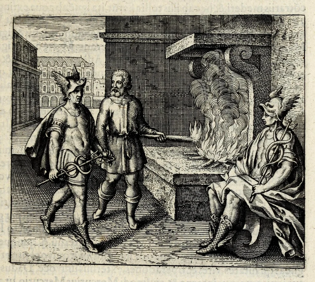 An illustration from Atalanta fugiens, hoc est, Emblemata nova de secretis naturae chymica : accomodata partim oculis & intellectui, figuris cupro incisis, adjectisque sententiis, epigrammatis & notis, partim auribus & recreationi animi plus minus 50 fugis musicalibus trium vocum, quarum duae ad unam simplicem melodiam distichis canendis peraptam, correspondeant, non abs[que] singulari jucunditate videnda, legenda, meditanda, intelligenda, dijudicanda, canenda & audienda, 1618, leaf 57