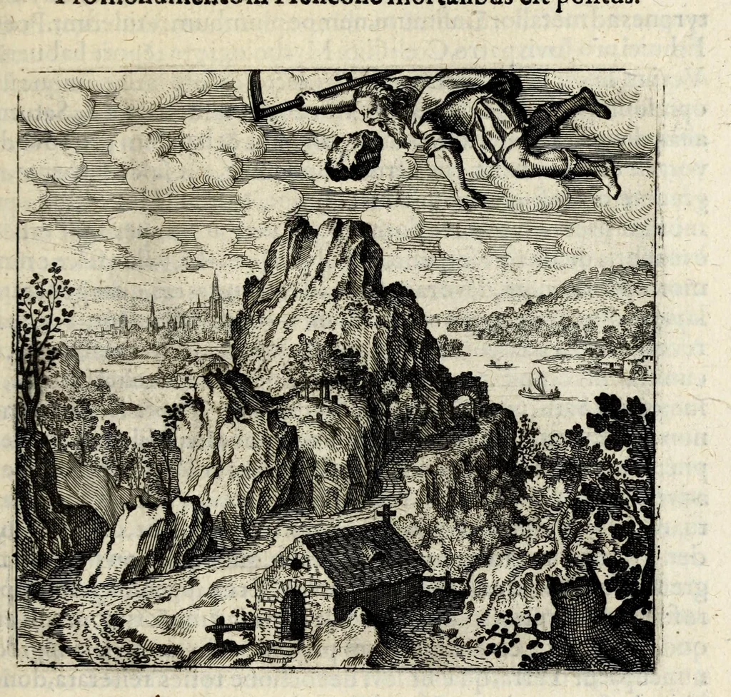 An illustration from Atalanta fugiens, hoc est, Emblemata nova de secretis naturae chymica : accomodata partim oculis & intellectui, figuris cupro incisis, adjectisque sententiis, epigrammatis & notis, partim auribus & recreationi animi plus minus 50 fugis musicalibus trium vocum, quarum duae ad unam simplicem melodiam distichis canendis peraptam, correspondeant, non abs[que] singulari jucunditate videnda, legenda, meditanda, intelligenda, dijudicanda, canenda & audienda, 1618, leaf 65