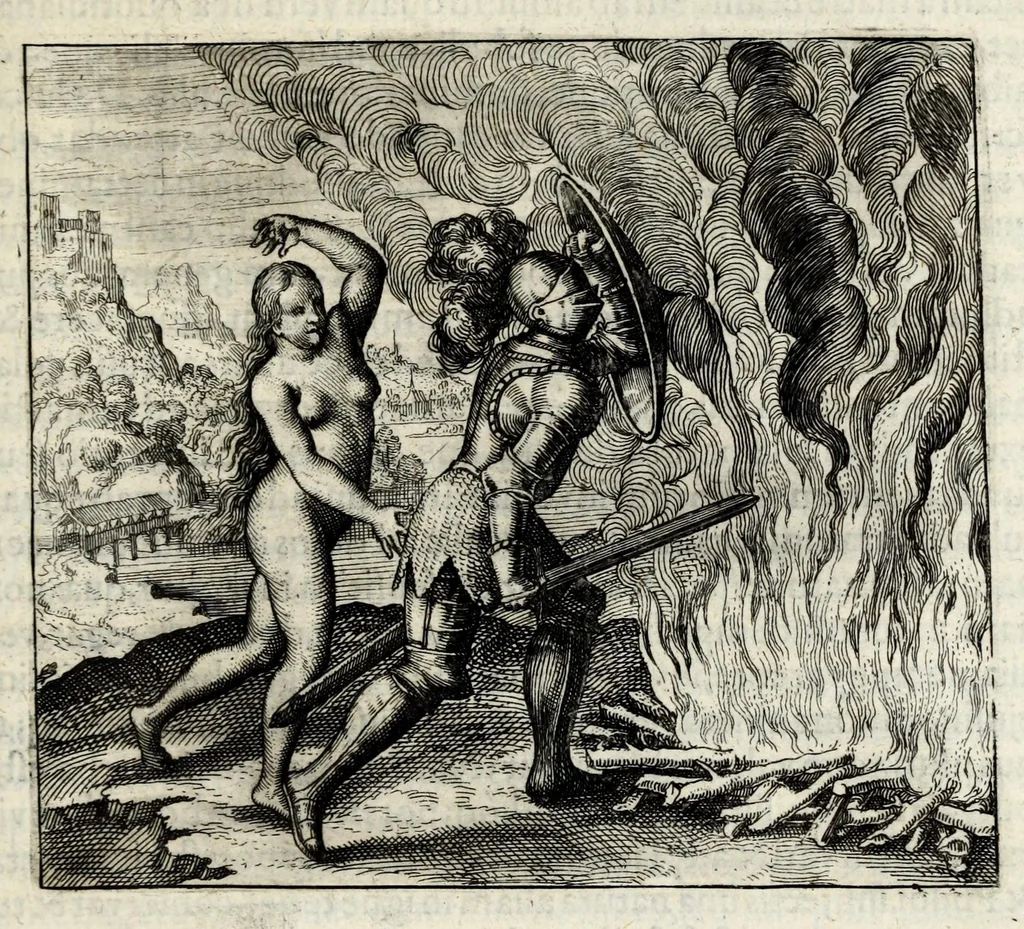 An illustration from Atalanta fugiens, hoc est, Emblemata nova de secretis naturae chymica : accomodata partim oculis & intellectui, figuris cupro incisis, adjectisque sententiis, epigrammatis & notis, partim auribus & recreationi animi plus minus 50 fugis musicalibus trium vocum, quarum duae ad unam simplicem melodiam distichis canendis peraptam, correspondeant, non abs[que] singulari jucunditate videnda, legenda, meditanda, intelligenda, dijudicanda, canenda & audienda, 1618, leaf 97