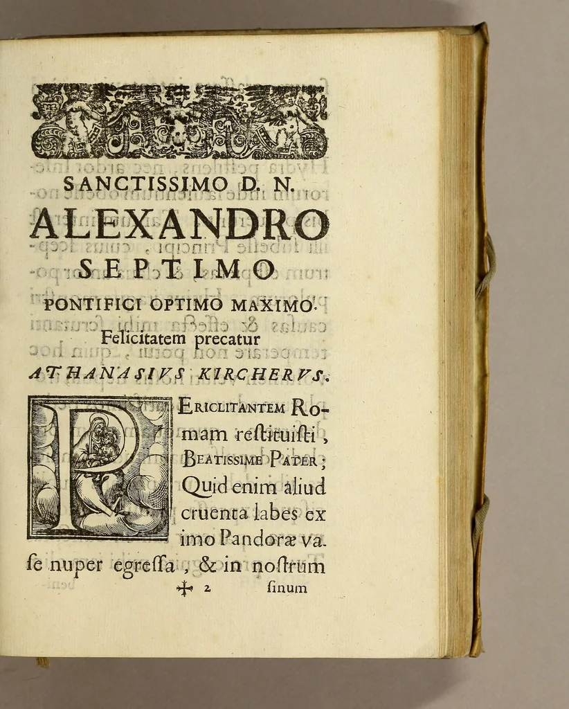 An illustration from Athanasii Kircheri e Soc. Iesu Scrutinium physico-medicum contagiosæ luis, quæ pestis dicitur. : Quo origo, causæ, signa, prognostica pestis, nec non insolentes malignantis naturæ effectus, qui statis temporibus, cælestium influxuum virtute & efficacia, tum in elementis, tum in epidemijs hominum animantiumque morbis elucescunt, vnà cum appropriatis remediorum antidotis noua doctrinâ in lucem eruuntur. Ad. ., 1658, leaf 7