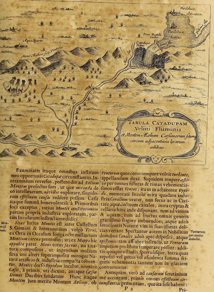 An illustration from Athanasii Kircheri e Soc. Jesu Mundus subterraneus, : in XII libros digestus; quo divinum subterrestris mundi opificium, mira ergasteriorum naturae in eo distributio, verbo [Pantamorphon] protei regnum, uniuersae denique naturae majestas & divitiae summa rerum varietate exponuntur, abditorum effectuum causae acri indagine inquisitae demonstrantur, cognitae per artis & naturae conjugium ad humanae vitae necessarium usum vario experimentorum apparatu, necnon novo modo & ratione applicantur, 1678, leaf 165