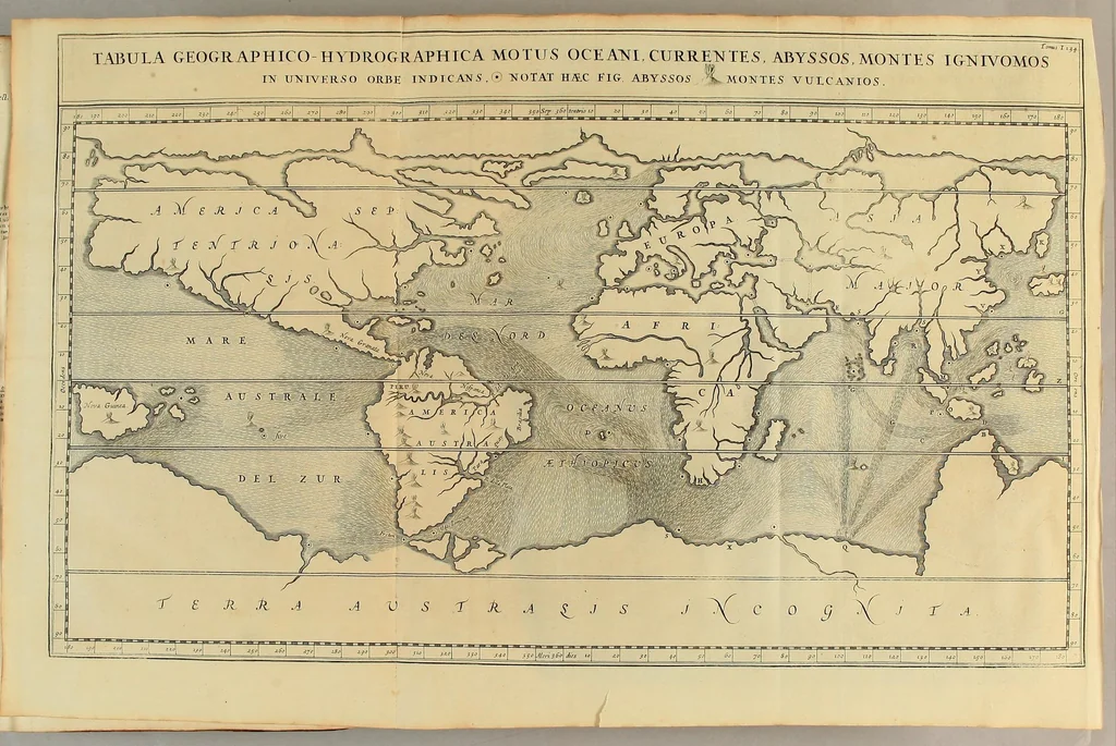 An illustration from Athanasii Kircheri e Soc. Jesu Mundus subterraneus, : in XII libros digestus; quo divinum subterrestris mundi opificium, mira ergasteriorum naturae in eo distributio, verbo [Pantamorphon] protei regnum, uniuersae denique naturae majestas & divitiae summa rerum varietate exponuntur, abditorum effectuum causae acri indagine inquisitae demonstrantur, cognitae per artis & naturae conjugium ad humanae vitae necessarium usum vario experimentorum apparatu, necnon novo modo & ratione applicantur, 1678, leaf 185
