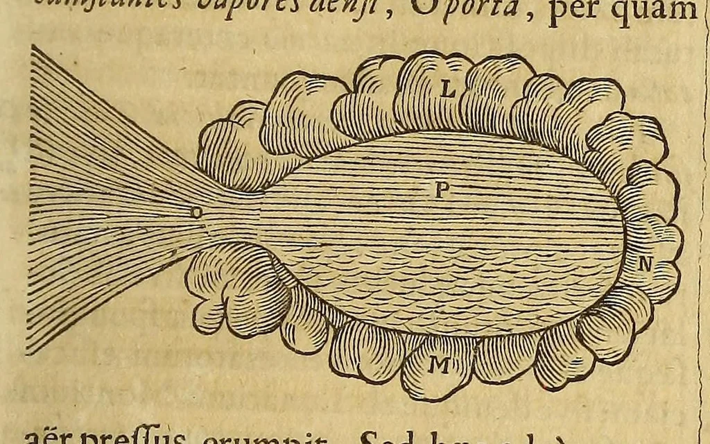 An illustration from Athanasii Kircheri e Soc. Jesu Mundus subterraneus, : in XII libros digestus; quo divinum subterrestris mundi opificium, mira ergasteriorum naturae in eo distributio, verbo [Pantamorphon] protei regnum, uniuersae denique naturae majestas & divitiae summa rerum varietate exponuntur, abditorum effectuum causae acri indagine inquisitae demonstrantur, cognitae per artis & naturae conjugium ad humanae vitae necessarium usum vario experimentorum apparatu, necnon novo modo & ratione applicantur, 1678, leaf 297