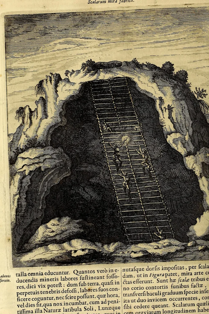 An illustration from Athanasii Kircheri e Soc. Jesu Mundus subterraneus, : in XII libros digestus; quo divinum subterrestris mundi opificium, mira ergasteriorum naturae in eo distributio, verbo [Pantamorphon] protei regnum, uniuersae denique naturae majestas & divitiae summa rerum varietate exponuntur, abditorum effectuum causae acri indagine inquisitae demonstrantur, cognitae per artis & naturae conjugium ad humanae vitae necessarium usum vario experimentorum apparatu, necnon novo modo & ratione applicantur, 1678, leaf 684