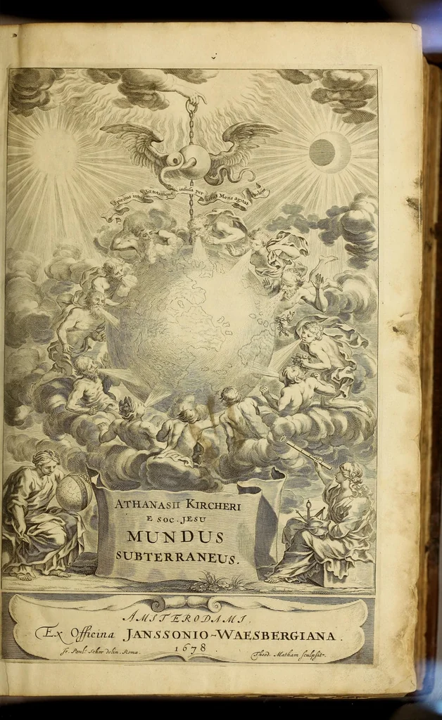 An illustration from Athanasii Kircheri e Soc. Jesu Mundus subterraneus, : in XII libros digestus; quo divinum subterrestris mundi opificium, mira ergasteriorum naturae in eo distributio, verbo [Pantamorphon] protei regnum, uniuersae denique naturae majestas & divitiae summa rerum varietate exponuntur, abditorum effectuum causae acri indagine inquisitae demonstrantur, cognitae per artis & naturae conjugium ad humanae vitae necessarium usum vario experimentorum apparatu, necnon novo modo & ratione applicantur, 1678, leaf 7