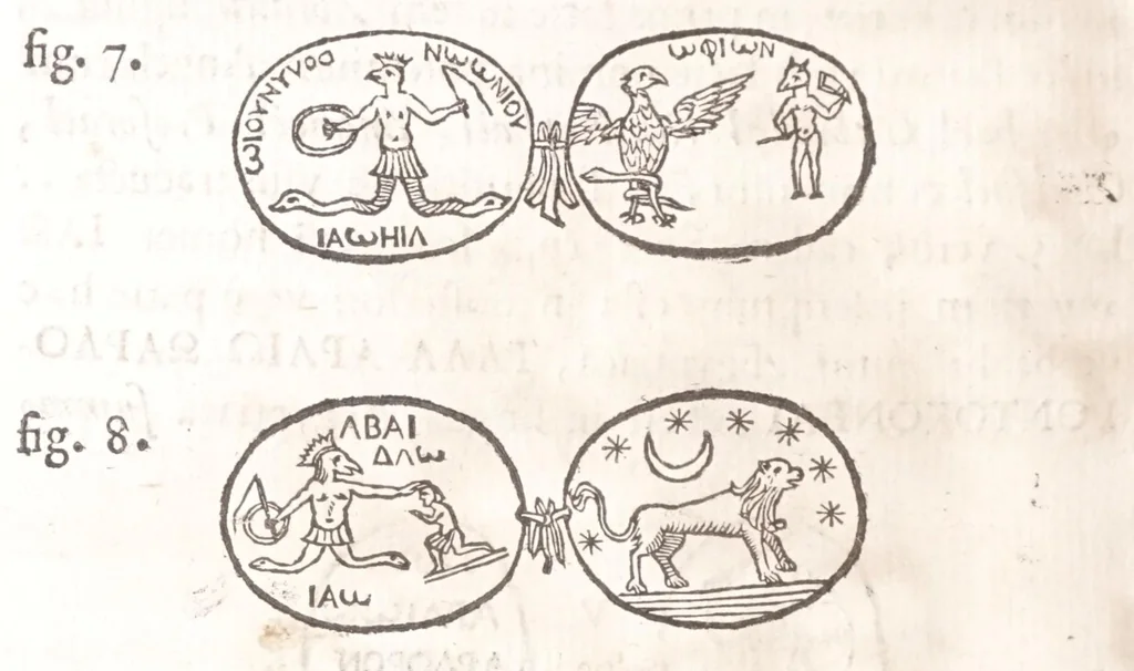 An illustration from Athanasij Kircheri e Societate Iesu Arithmologia, siue, De abditis numerorum mysterijs : qua origo, antiquitas & fabrica numerorum exponitur : abditae eorundem proprietates demonstrantur : fontes superstitionum in amuletorum fabrica aperiuntur : denique post cabalistarum, Arabum, gnosticorum, aliorumque magicas impietates detectas, vera & licita numerorum mystica significatio ostenditur, 1665, leaf 228
