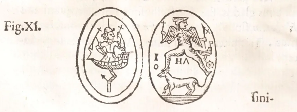 An illustration from Athanasij Kircheri e Societate Iesu Arithmologia, siue, De abditis numerorum mysterijs : qua origo, antiquitas & fabrica numerorum exponitur : abditae eorundem proprietates demonstrantur : fontes superstitionum in amuletorum fabrica aperiuntur : denique post cabalistarum, Arabum, gnosticorum, aliorumque magicas impietates detectas, vera & licita numerorum mystica significatio ostenditur, 1665, leaf 230