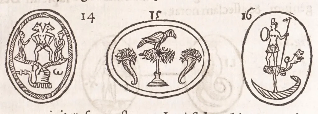 An illustration from Athanasij Kircheri e Societate Iesu Arithmologia, siue, De abditis numerorum mysterijs : qua origo, antiquitas & fabrica numerorum exponitur : abditae eorundem proprietates demonstrantur : fontes superstitionum in amuletorum fabrica aperiuntur : denique post cabalistarum, Arabum, gnosticorum, aliorumque magicas impietates detectas, vera & licita numerorum mystica significatio ostenditur, 1665, leaf 233