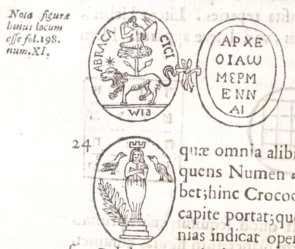 An illustration from Athanasij Kircheri e Societate Iesu Arithmologia, siue, De abditis numerorum mysterijs : qua origo, antiquitas & fabrica numerorum exponitur : abditae eorundem proprietates demonstrantur : fontes superstitionum in amuletorum fabrica aperiuntur : denique post cabalistarum, Arabum, gnosticorum, aliorumque magicas impietates detectas, vera & licita numerorum mystica significatio ostenditur, 1665, leaf 238