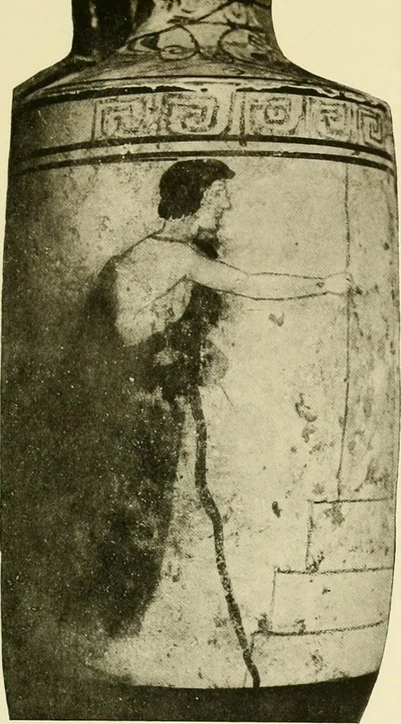 An illustration from Athenian lekythoi : with outline drawing in matt color on a white ground : appendix: additional lekythoi with outline drawing in glaze varnish on a white ground, 1914, leaf 292