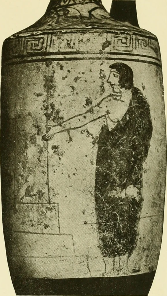 An illustration from Athenian lekythoi : with outline drawing in matt color on a white ground : appendix: additional lekythoi with outline drawing in glaze varnish on a white ground, 1914, leaf 292