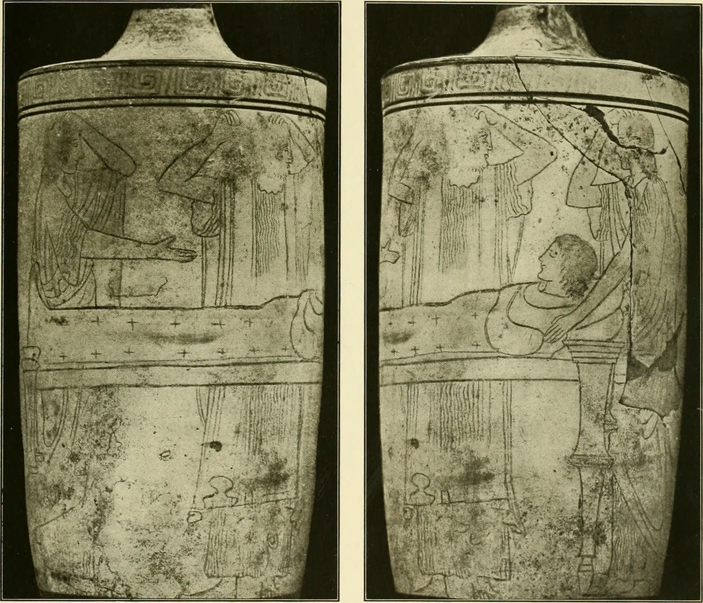 An illustration from Athenian lekythoi : with outline drawing in matt color on a white ground : appendix: additional lekythoi with outline drawing in glaze varnish on a white ground, 1914, leaf 294