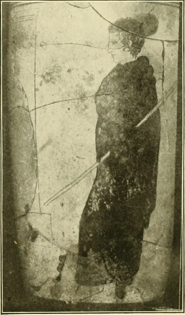 An illustration from Athenian lekythoi : with outline drawing in matt color on a white ground : appendix: additional lekythoi with outline drawing in glaze varnish on a white ground, 1914, leaf 296