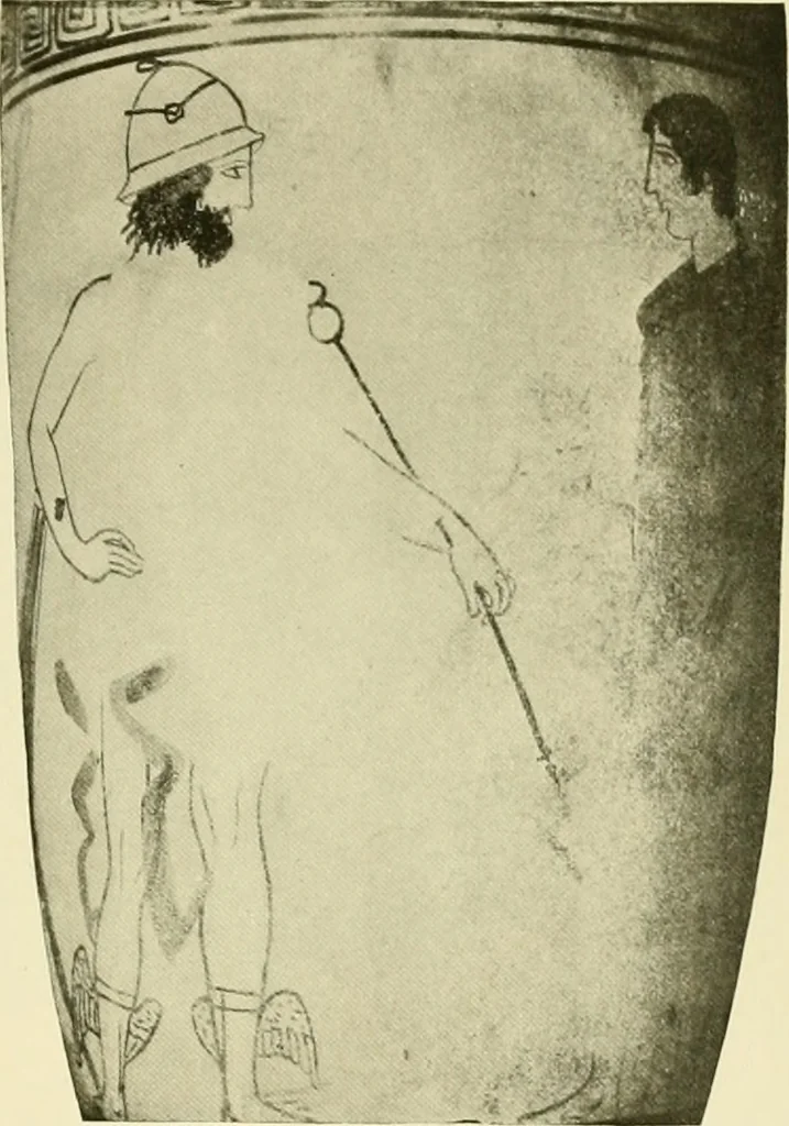 An illustration from Athenian lekythoi : with outline drawing in matt color on a white ground : appendix: additional lekythoi with outline drawing in glaze varnish on a white ground, 1914, leaf 296