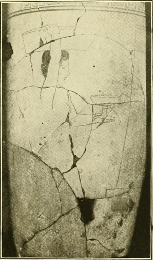 An illustration from Athenian lekythoi : with outline drawing in matt color on a white ground : appendix: additional lekythoi with outline drawing in glaze varnish on a white ground, 1914, leaf 296